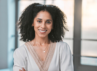 Business, confidence and portrait of woman with smile at HR department at corporate startup in Brazil. Leadership, female empowerment and company management, happy manager in human resources office.