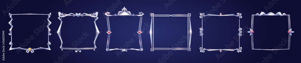 Poster empty square silver frames in medieval style for game ui design. vector cartoon set of user interfac