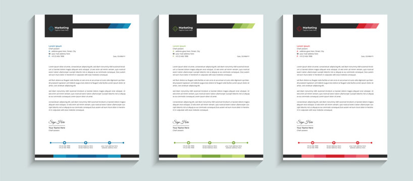 Modern Minimal and Clean Creative business letterhead design template. Abstract Professional business letterhead and brand stationary identity cover layout template with red, blue, and green colors.