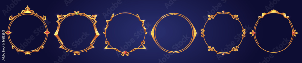 Poster empty circle golden frames in medieval style for game ui design. vector cartoon set of user interfac