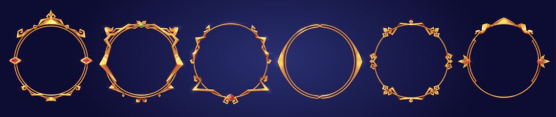 Empty circle golden frames in medieval style for game ui design. Vector cartoon set of user interface elements with gold metal thin border, decorated with gems isolated on background