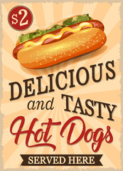 Vintage Delicious and Tasty Hot Dogs poster.