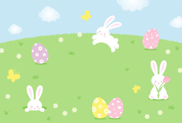 easter vector background with bunny, eggs and flowers for banners, cards, flyers, social media wallpapers, etc.