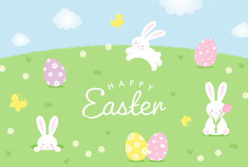 easter vector background with bunny, eggs and flowers for banners, cards, flyers, social media wallpapers, etc.