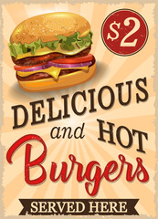 Vintage Delicious and Hot Burgers poster.