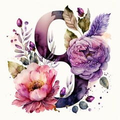 Number 8 with flowers, watercolor with Generative AI 