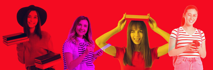 Bright collage of female students on red background