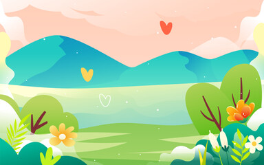 Fototapeta na wymiar Valentines day couple on date, background with hearts and flowers, vector illustration