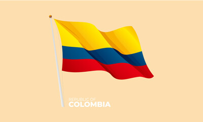 Colombia flag waving at the flagpole. Vector 3D