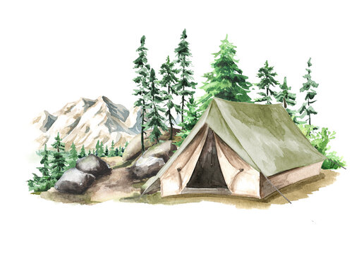 Hiking Tent near the camping place  Hand drawn watercolor illustration isolated on white background