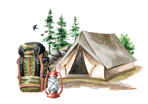 Hiking Tent near the camping place. Hand drawn watercolor illustration isolated on white background