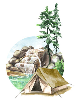Hiking Tent near the waterfall. Camping concept.  Hand  drawn watercolor illustration isolated on white background