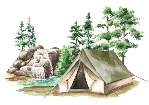 Hiking Tent near the waterfall. Camping concept. Hand  drawn watercolor illustration isolated on white background