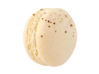 Side view, vertical white macaron (macaroon) white chocolate and almond flavor, isolated on transparent background.