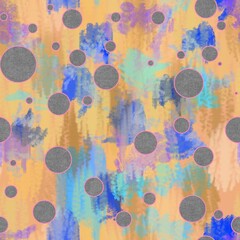 Seamless pattern of geometric shapes with texture and abstract brush strokes in blue and yellow shades for textile.