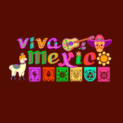 Viva Mexico, decorated logo, cartoon letters and symbols. Vector illustration.
