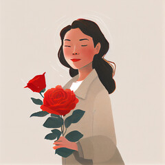 Cartoon. Cute woman holding a rose. valentine's day card illustration. generative ai