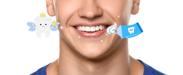 Young man with healthy teeth, tooth fairy and paste on white background, closeup