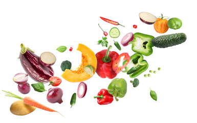 Flying ripe vegetables on white background
