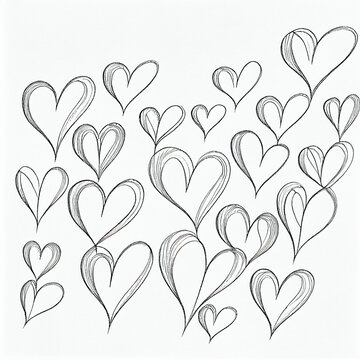 Pencil sketch of hearts on white background. generative ai