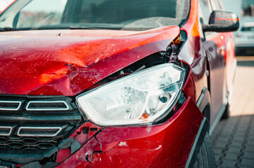 Car crash or accident. Front fender and light damage and scratchs on bumper. Broken vehicle detail ...
