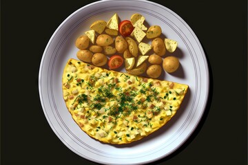  a plate of food with potatoes, eggs, and a slice of pizza on it with a fork and knife on the side of the plate.  generative ai