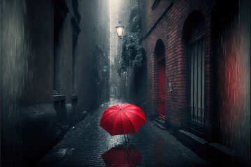  a person holding a red umbrella walking down a dark alleyway in the rain with a red brick building in the background and a light on.  generative ai