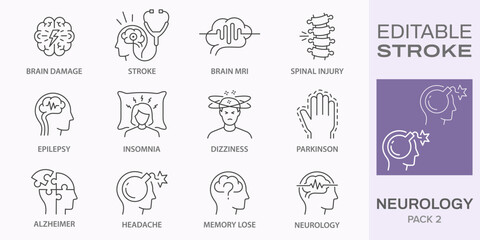 Neurology icons, such as alzheimer, parkinson, insomnia, brain mri and more. Editable stroke. - obrazy, fototapety, plakaty