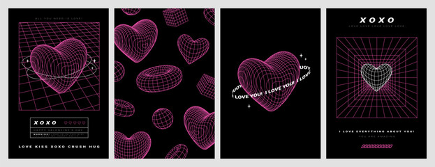 Geometry wireframe shapes and grids in neon pink color. 3D heart, abstract background, pattern, cyberpunk elements in trendy psychedelic rave style. 00s Y2k retro futuristic aesthetic. Love concept. © Martyshova