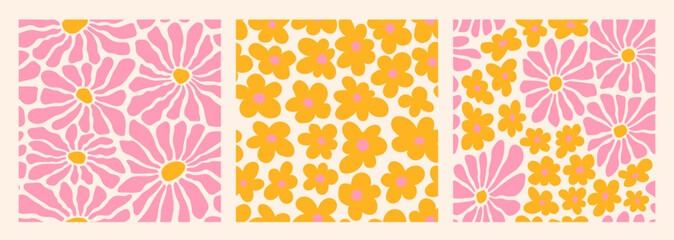 Groovy abstract flower art seamless patterns. Organic floral doodle shapes in trendy naive retro hippie 60s 70s style. Matisse curves aestethic. Botanic vector background in pink, yellow colors.