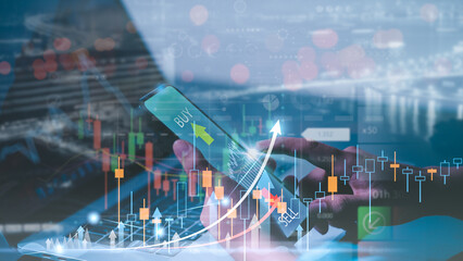 Businessmen work with stock market investments using smartphones to analyze trading data. smartphone with stock exchange graph on screen. Financial stock market.