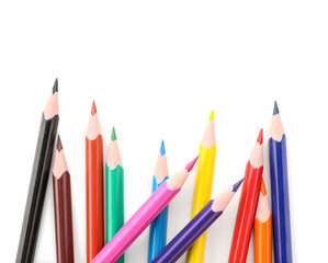 Set of colorful pencils on white background, top view