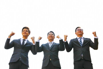 young Asian businessman team work in success moment isolate on white