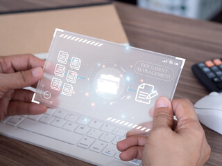 Hand holding transparent cell phone shows the virtual screen with icon document data technology and efficient online storage. Big data technology and internet concept. Business background..