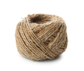 Roll of jute rope on white background
