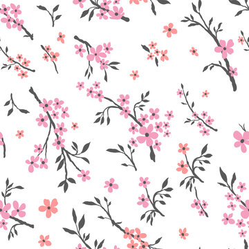 Vector seamless pattern small flowers and twigs, floral seamless pattern, seamless pink flowers pattern for wrapping or tissue.