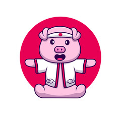 Cute Pig Wearing Japanese Costume Cartoon Vector Icons Illustration. Flat Cartoon Concept. Suitable for any creative project.