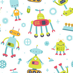 Cute pattern with robots for kids. Seamless funny vector print for baby textile and fabric.