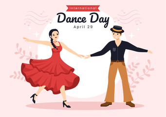 International Dance Day Illustration with Professional Dancing Performing Couple or Single in Flat Cartoon Hand Drawn for Landing Page Templates