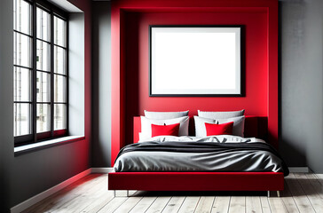 Mockup horizontal frame bedroom home interior elegant furnishing, red colors, bed with cushion. Generative AI 3D render