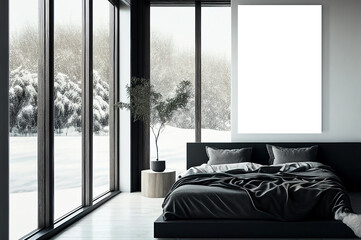 Mockup vertical frame bedroom home interior elegant luxury furnishing, black colors, large windows bed with cushion. Generative AI 3D render