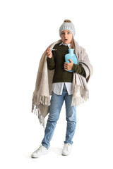 Shocked ill girl with thermometer and hot water bottle on white background