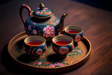 Hot Teapot And Teacups vintage Tea Set Generative AI