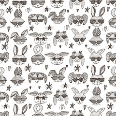 Hand Drawn Doodle Cute Stylish Trendy Hipster Rabbits with Sunglasses Vector Seamless pattern