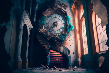 Surreal image of the clock staircase leading to the clock Generative AI