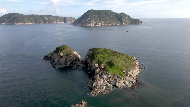 Aerial view of rocky islands. Hong Kong. Cape d'aguilar coast rock formations. Asia