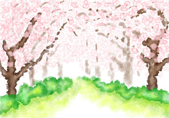 Illustration of spring images drawn with watercolor technique