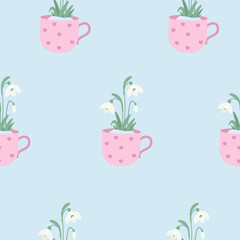 Seamless pattern. Blooming spring snowdrop flowers in cup on light blue background. Vector illustration. Botanical pattern for decor, design, packaging, wallpaper, textile.