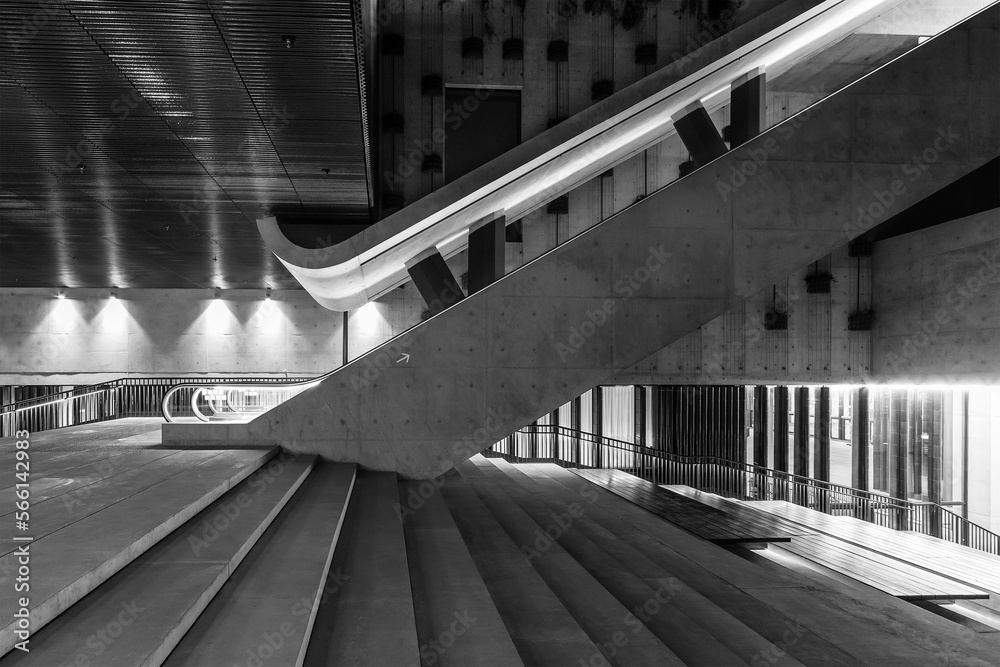 Aufkleber interior view of stairway and escalator in modern architecture