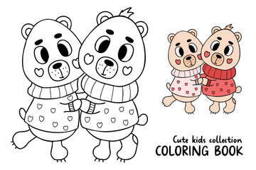 Cute pair in love teddy bearin winter clothes. Vector illustration. Outline and color drawing for kids collection animals coloring page, design, decor, Valentines cards, print.
